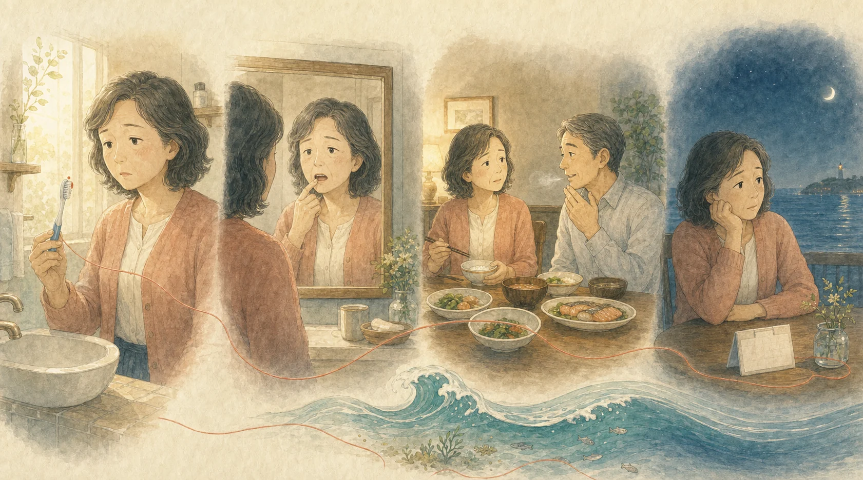 歯みがきの出血、歯の揺れ、口臭、通院中の不安に気づく63歳女性の日常を描いた絵本