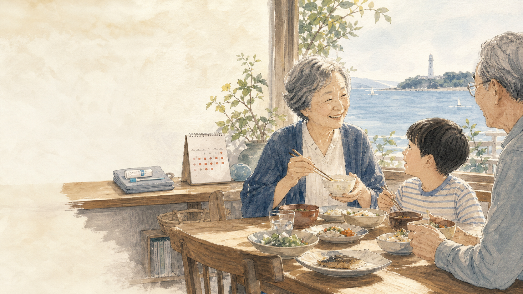 家族と食卓を囲み、自分らしく食事を楽しむ女性のイラスト