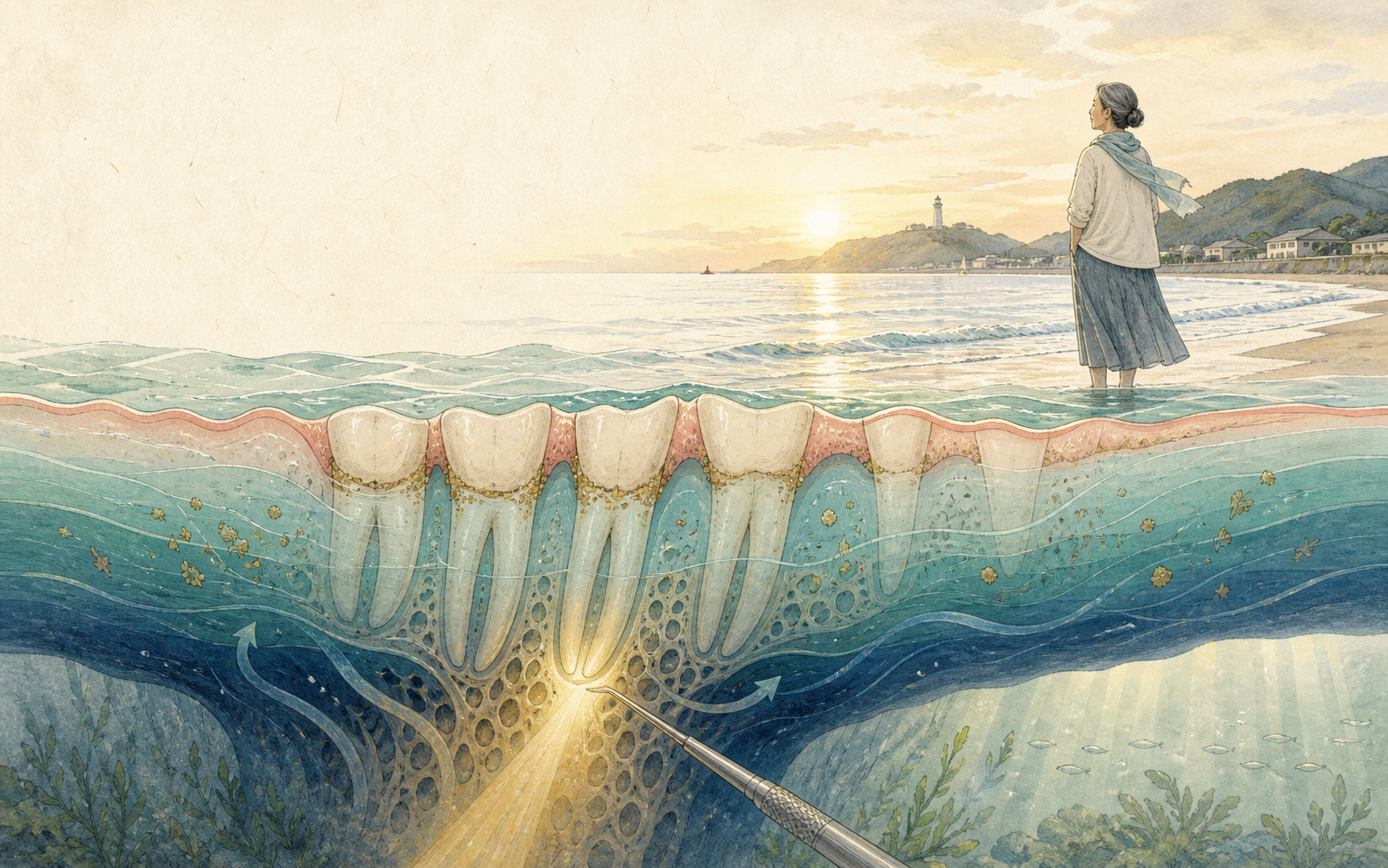 穏やかな湘南の海と、歯ぐきの下にある歯周ポケットの深さを重ねたイラスト